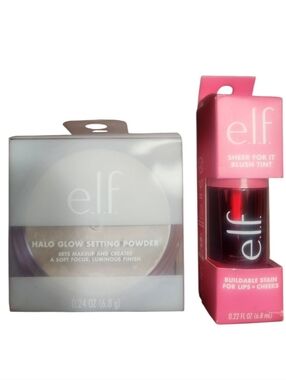 ELF Halo Glow Setting Powder Light/Clear & Sheer For It Blush Tint - Left on Red
